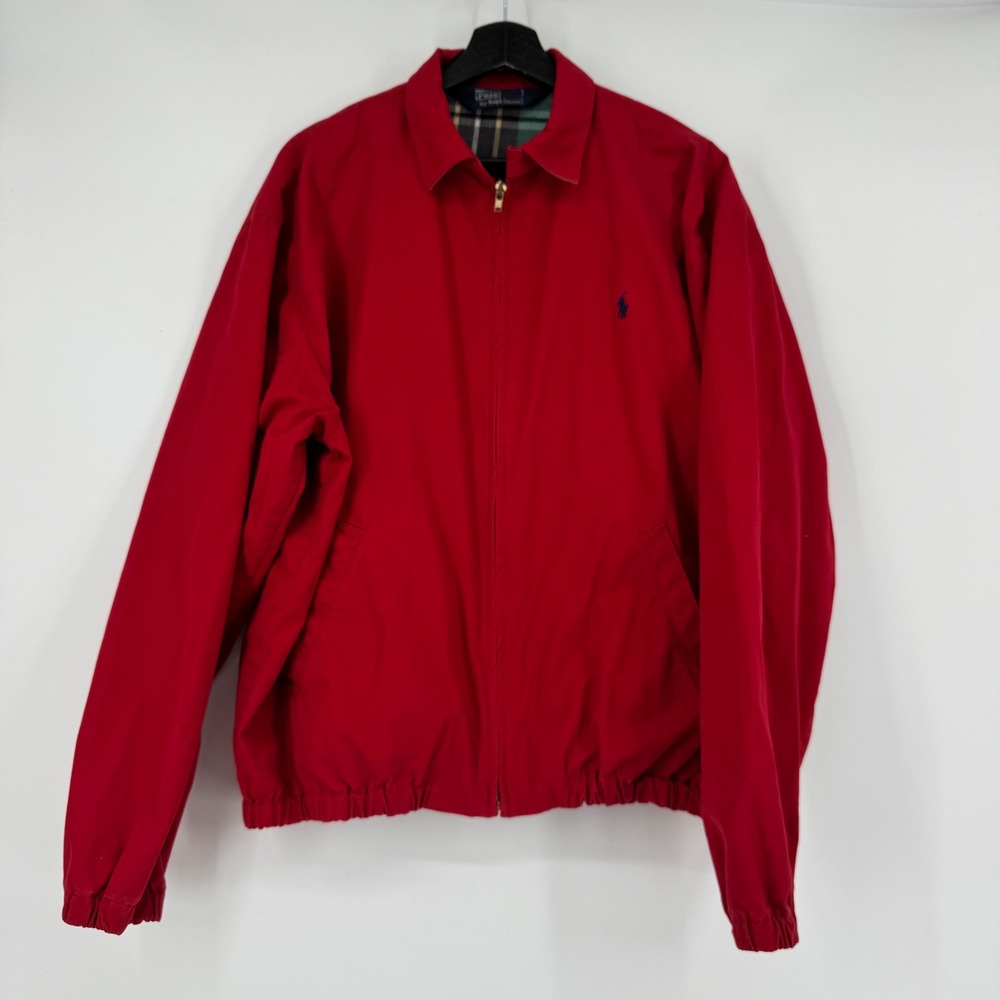 Vintage Polo Ralph Lauren Mens Red Harrington Jacket Cotton Plaid Lined Medium